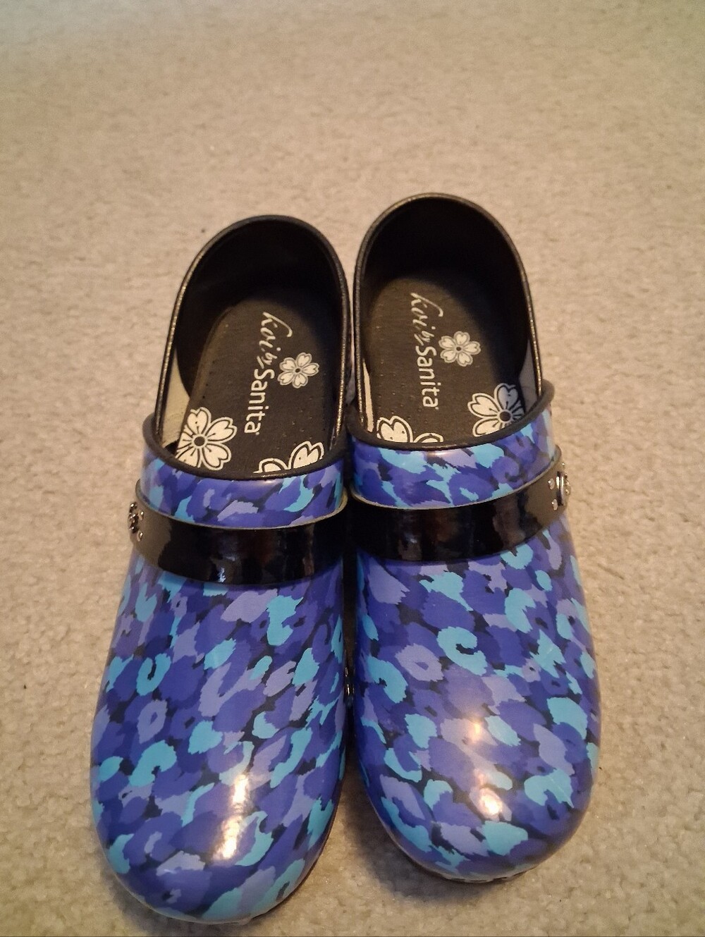 Sanita Blue and Teal Patterned Women's Clogs with Black Strap